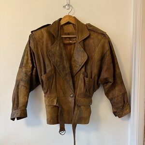 Whipp Vintage Distressed Brown Leather Cropped Batwing Jacket | Size Medium